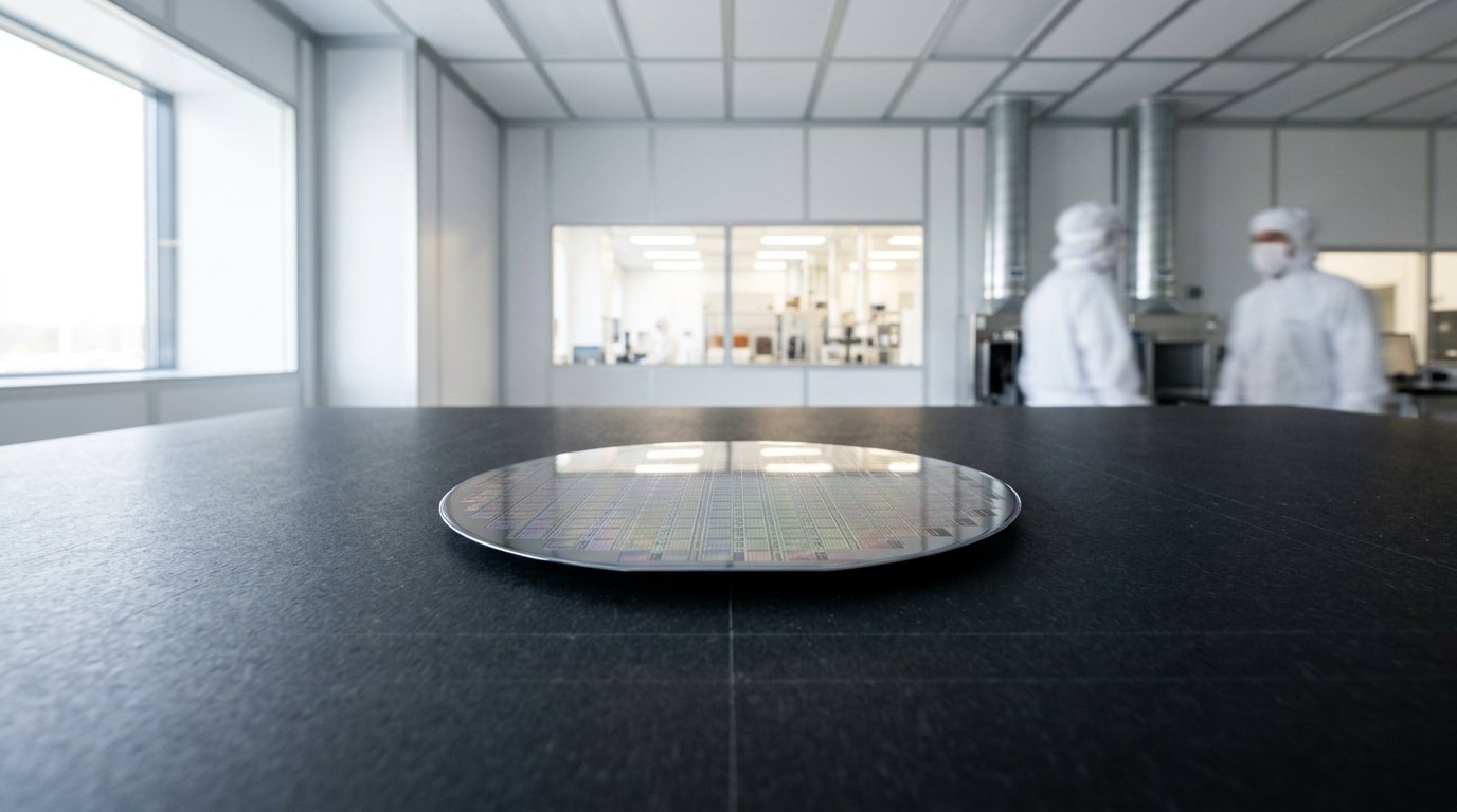 AI-generated editorial image: Semiconductor silicon wafer in cleanroom lighting