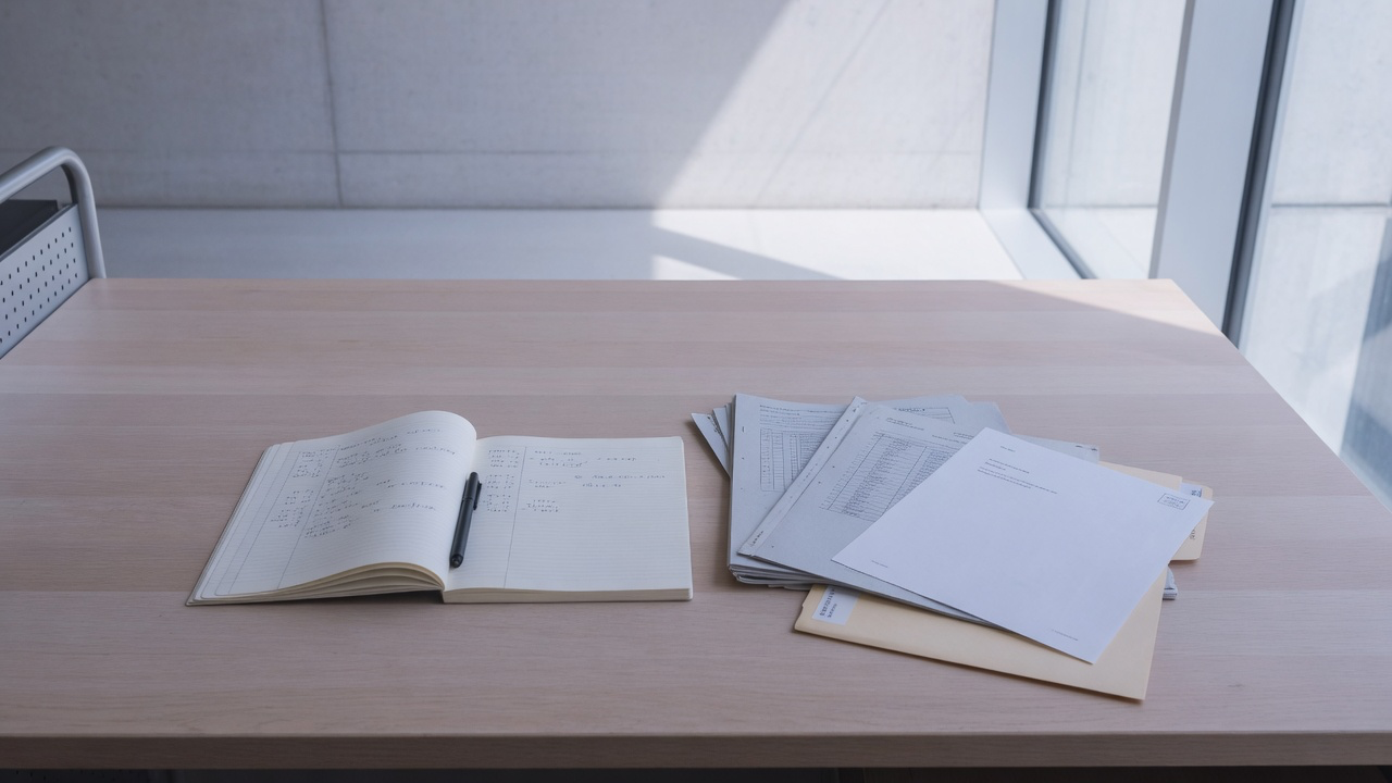 AI-generated editorial image: Restrained minimalist desk scene with financial bond indenture documents and analytical tools in soft daylight