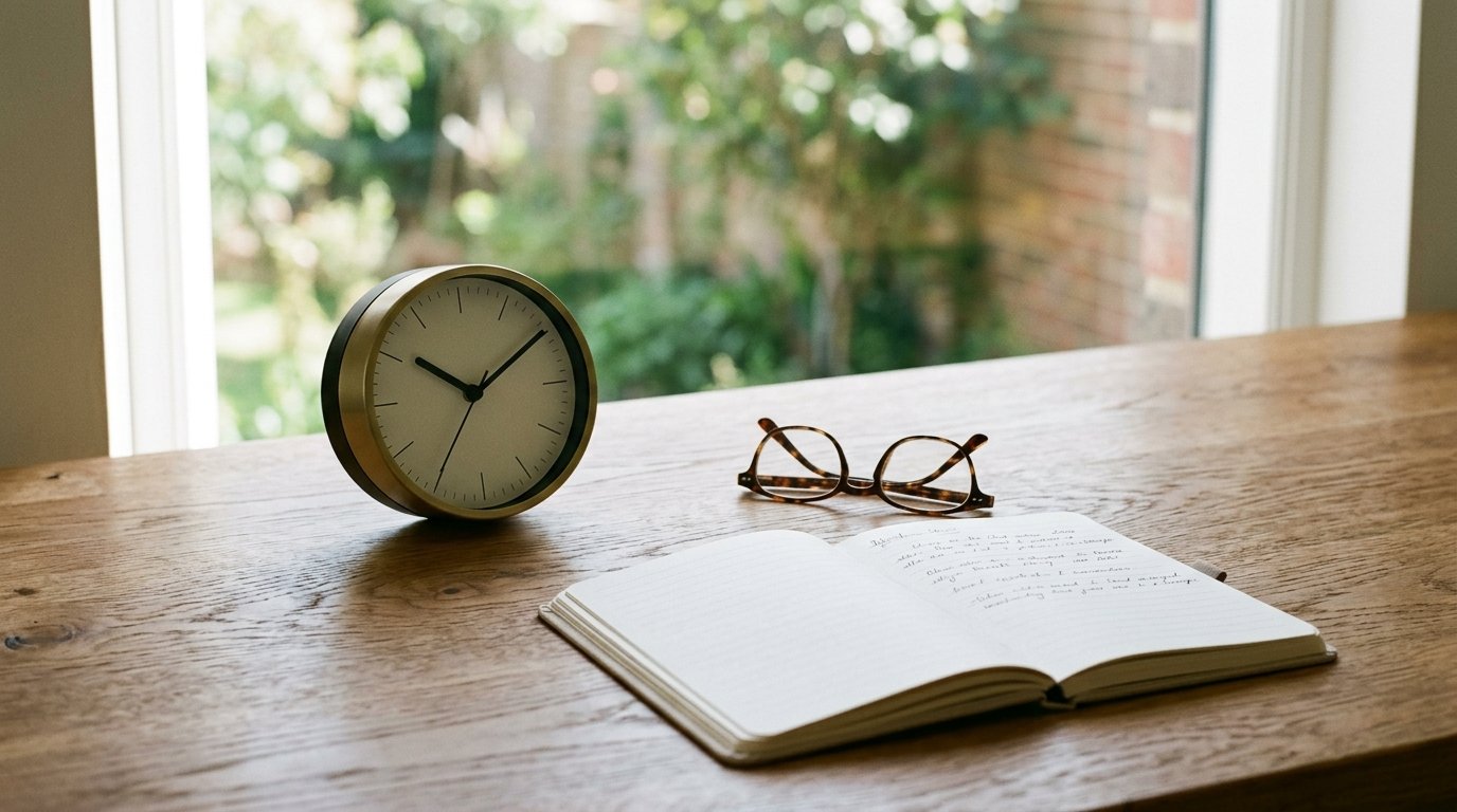 AI-generated editorial image: An analog desk clock, reading glasses, and paper notebook on an oak table in morning light representing options expiration and study.