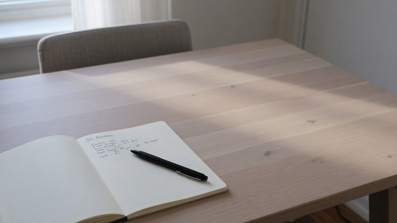 AI-generated editorial image: An organized investment desk with a portfolio allocation ledger and financial notebook under natural morning window light.
