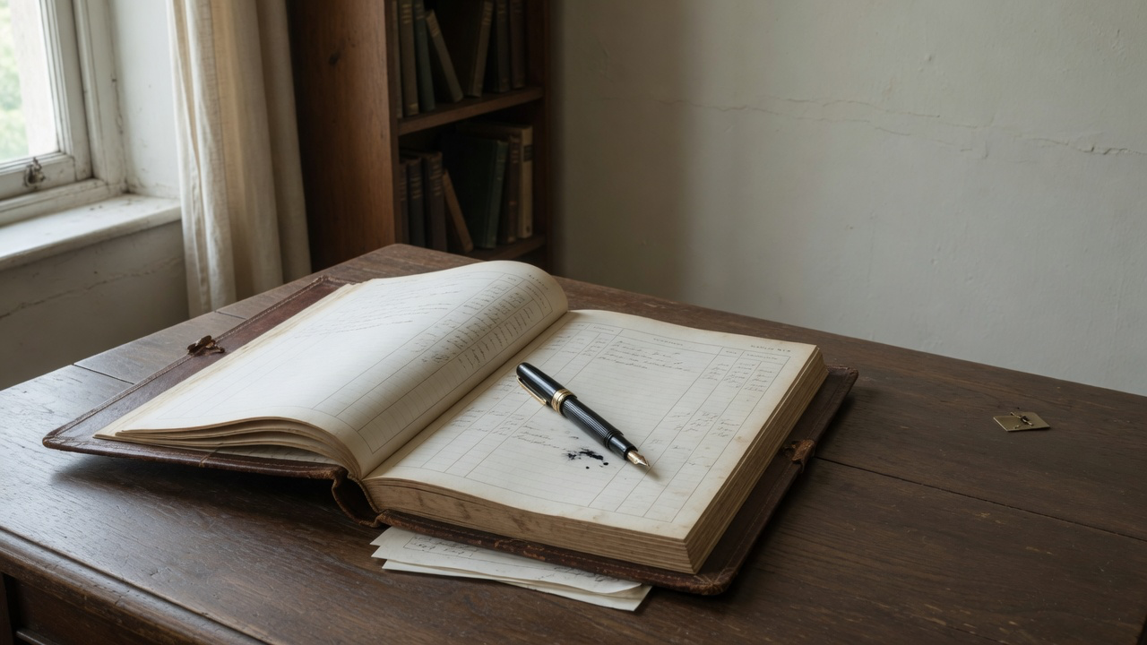 AI-generated editorial image: A calm architectural library workspace with an open financial ledger and soft window light