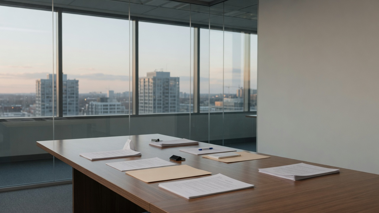 AI-generated editorial image: Minimalist modern corporate boardroom table with merger agreements and natural daylight