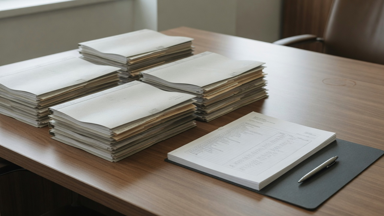 AI-generated editorial image: Commercial banking financial dossiers and accounting ledgers resting on an executive desk under soft morning light.