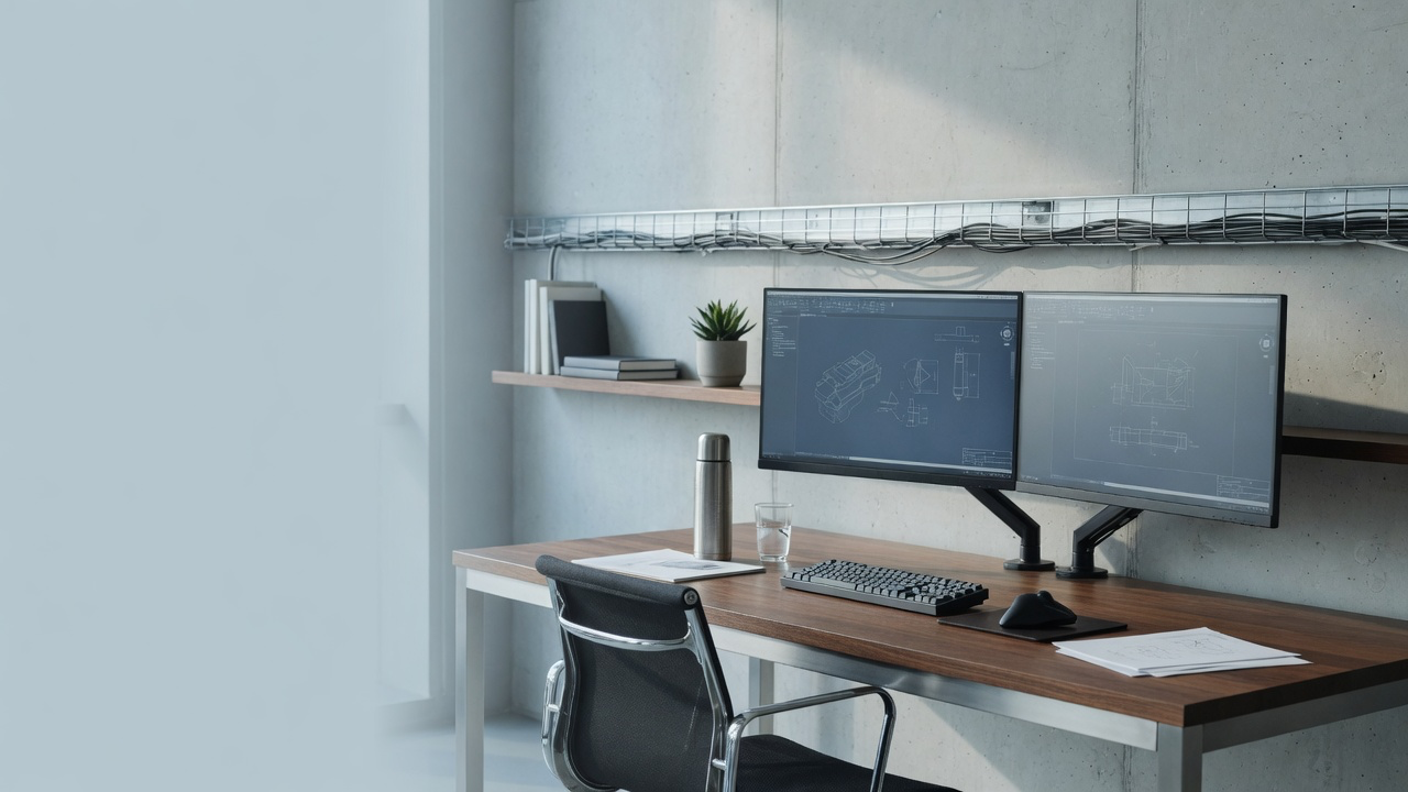 AI-generated editorial image: Modern industrial software engineering workstation with subtle ambient lighting