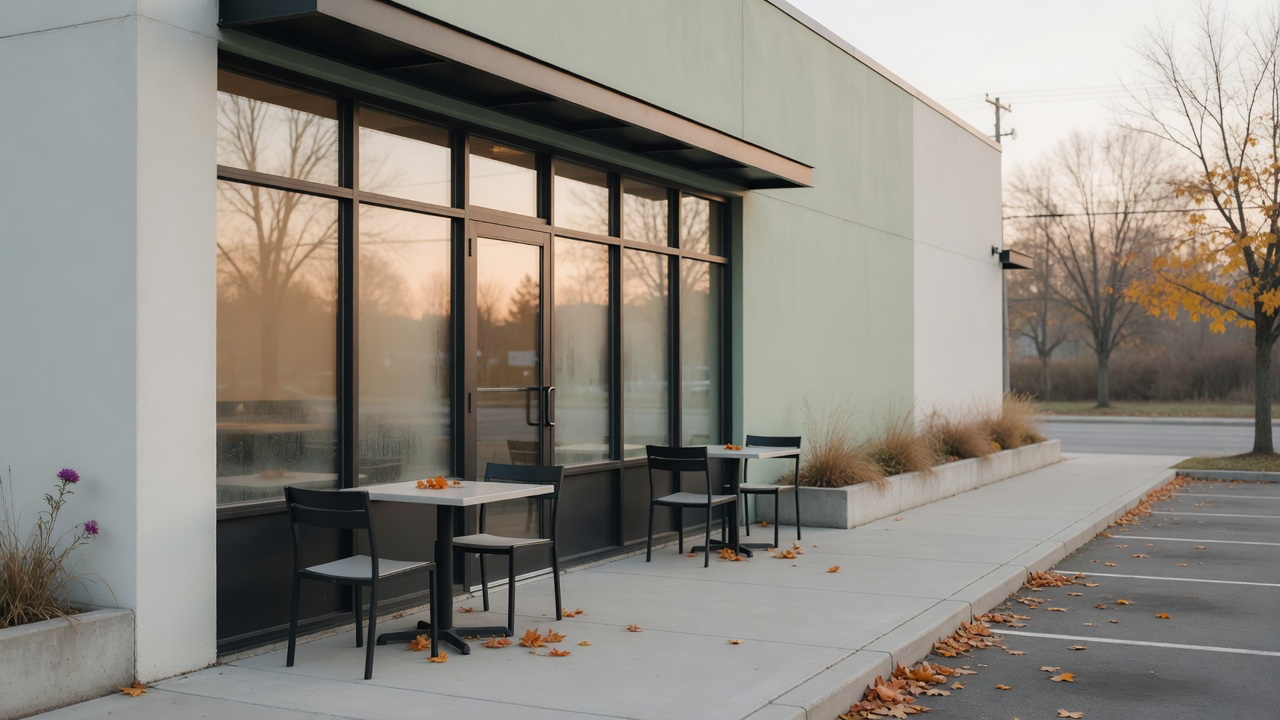 AI-generated editorial image: Modern casual dining restaurant exterior with quiet patio seating under soft morning light