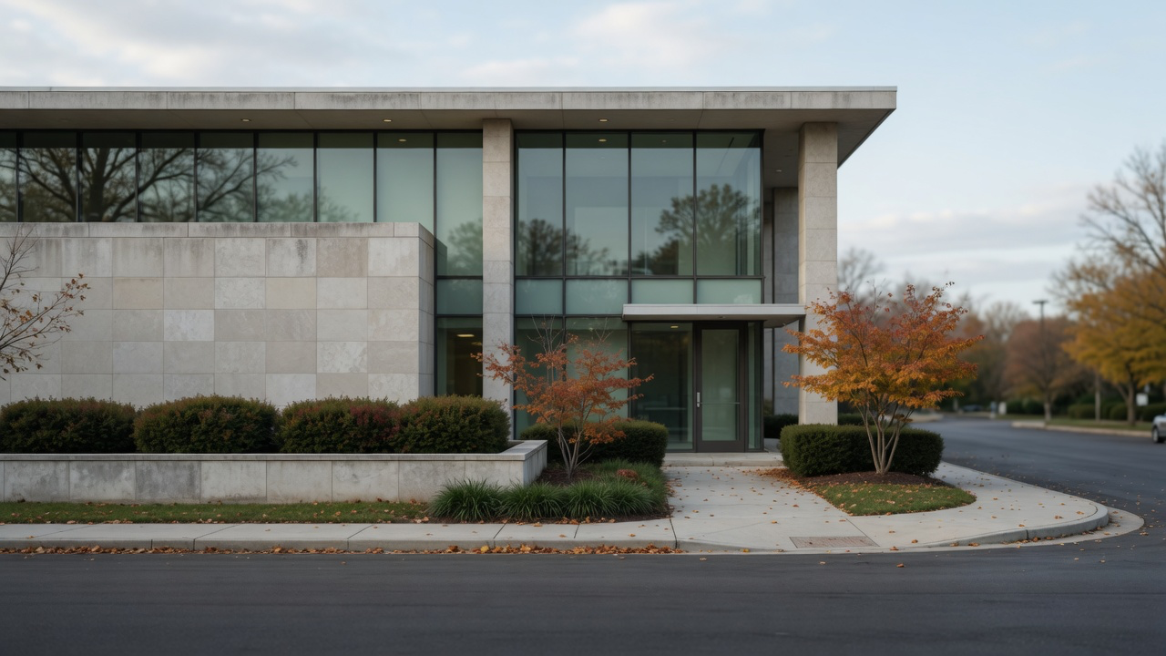 AI-generated editorial image: Conceptual view of a modern regional banking branch exterior with architectural glass and limestone