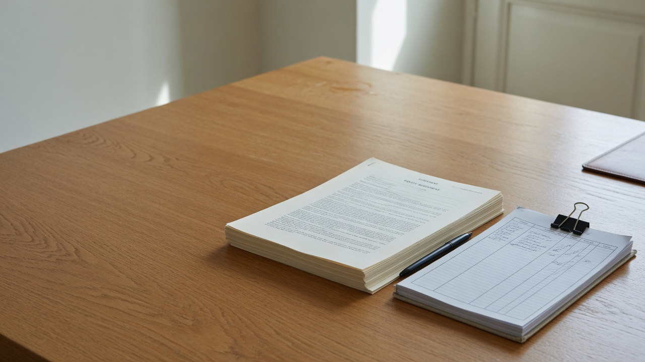 AI-generated editorial image: A financial equity agreement and fountain pen on an architectural boardroom table