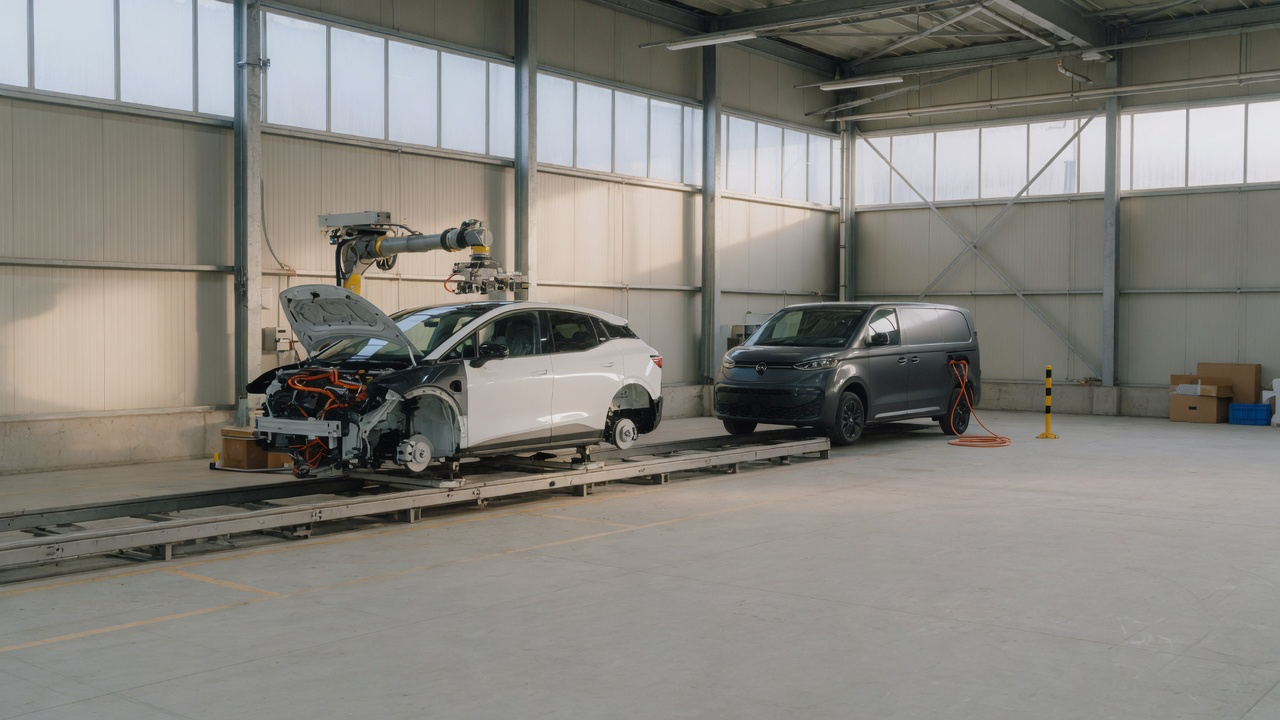 AI-generated editorial image: Modern electric commercial vehicle assembly line and staging bay in natural daylight.