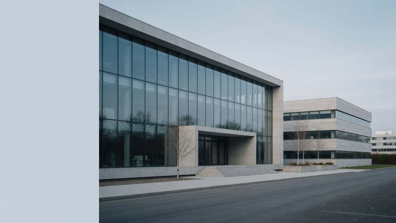 AI-generated editorial image: Modern high-tech institutional security headquarters building exterior in natural daylight