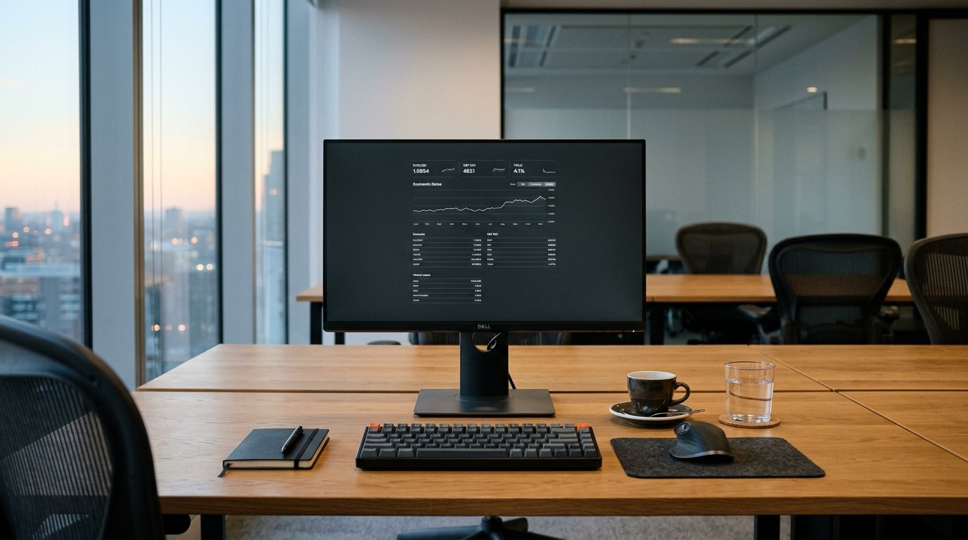 AI-generated editorial image: An institutional trading desk monitor displaying economic data and yield curves in soft morning window light.