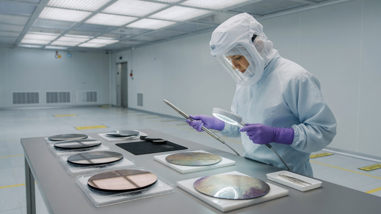 AI-generated editorial image: An engineer inspecting semiconductor silicon wafers on an inspection bench in an advanced fabrication cleanroom.