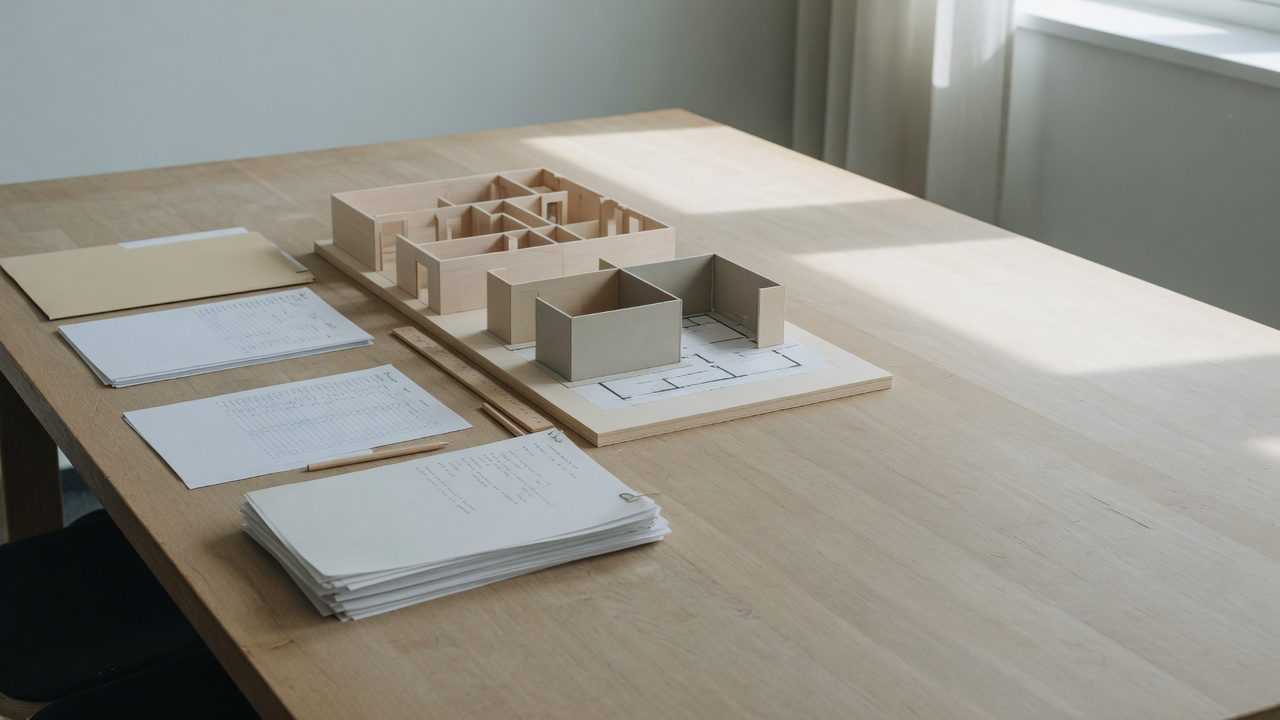 AI-generated editorial image: A minimalist corporate boardroom desk with documents and architectural separation models symbolizing corporate divestiture.