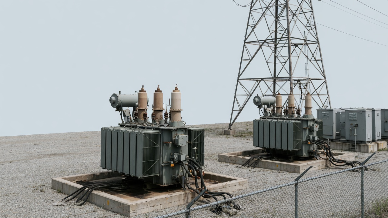AI-generated editorial image: High-voltage electrical substation transformer and transmission towers