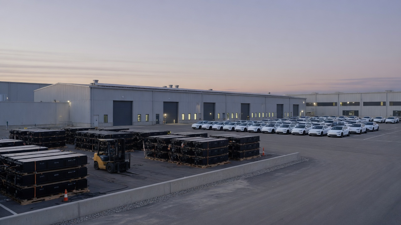 AI-generated editorial image: Modern electric vehicle assembly complex and staging yard at twilight with minimalist architectural framing.