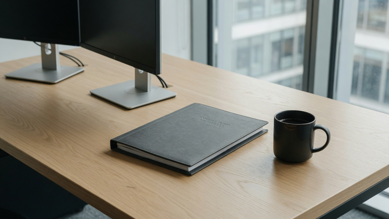 AI-generated editorial image: An asset manager desk with a bound prospectus and workstation overlooking an institutional office