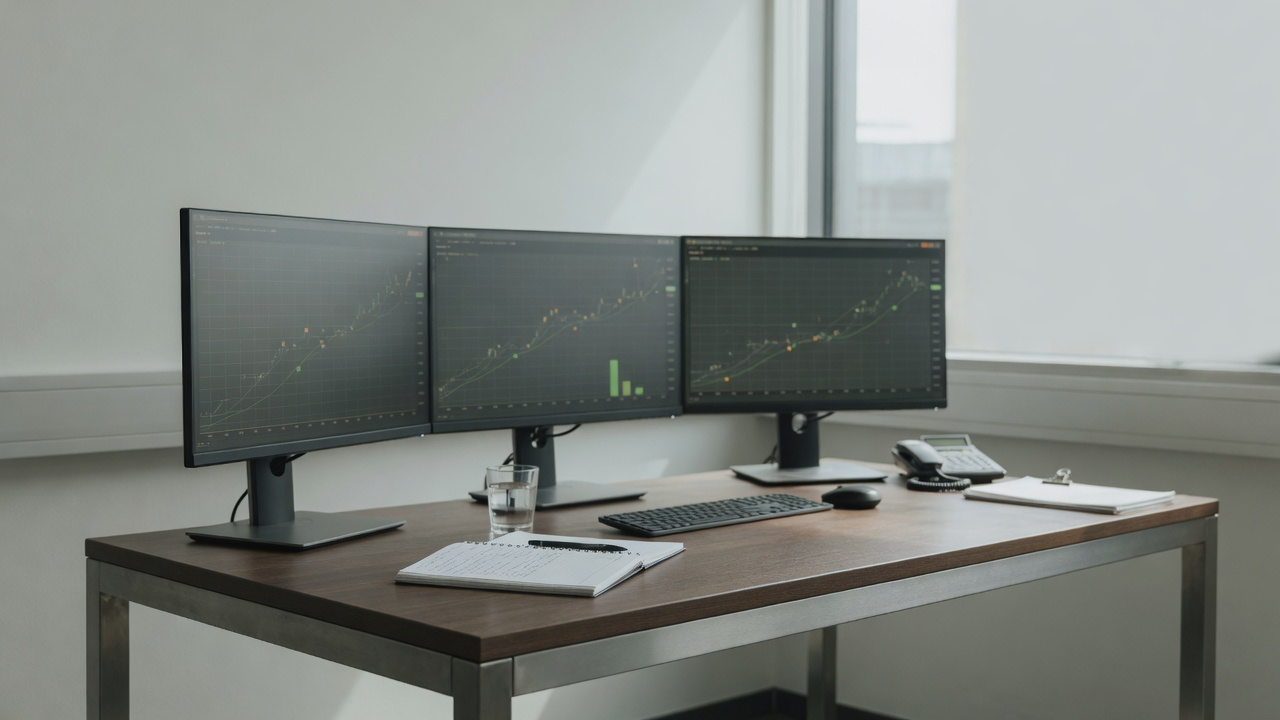 AI-generated editorial image: Modern institutional trading desk with multiple monitors displaying corporate bond order flow and liquidity analytics in soft morning office light.