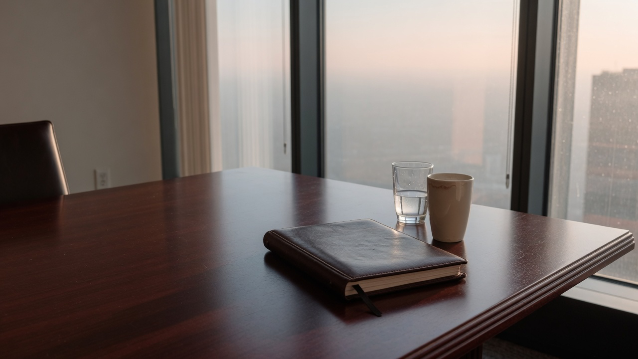 AI-generated editorial image: An executive desk and leather-bound portfolio in an office overlooking a daylight skyline.