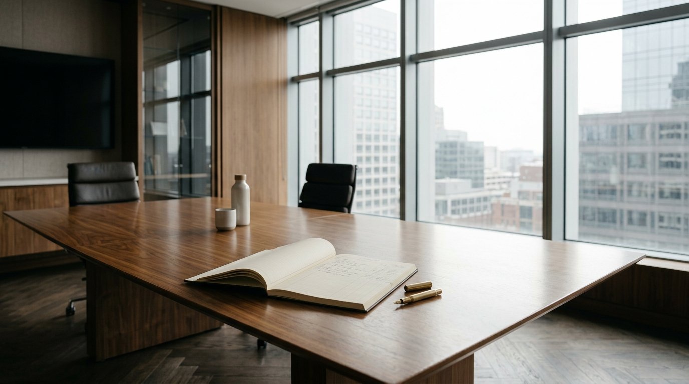 AI-generated editorial image: A quiet corporate boardroom with a polished walnut table and morning window light.