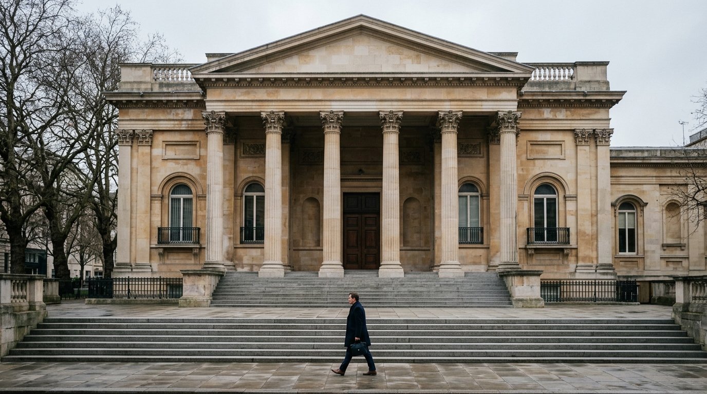 AI-generated editorial image: A restrained neoclassical government financial institution exterior with limestone columns and stone steps in soft overcast light.