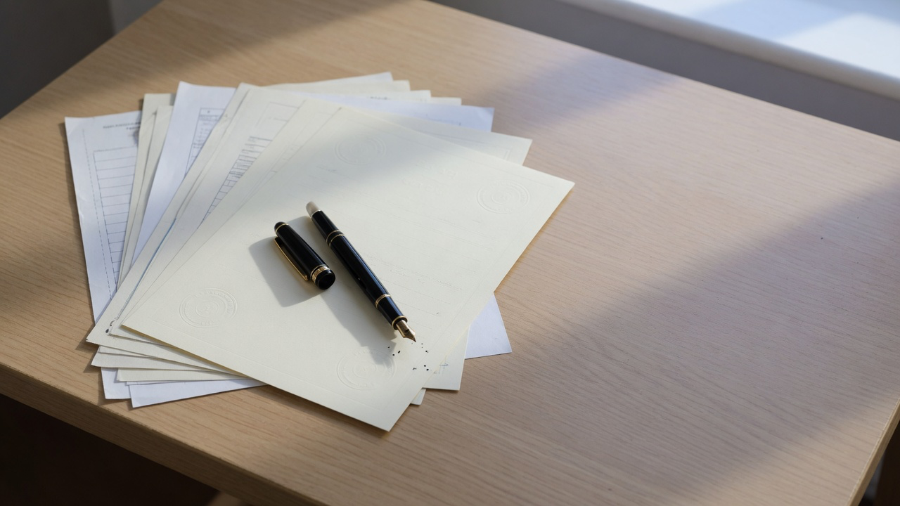 AI-generated editorial image: A calm wooden desk with financial documents and a classic pen in soft natural window light.