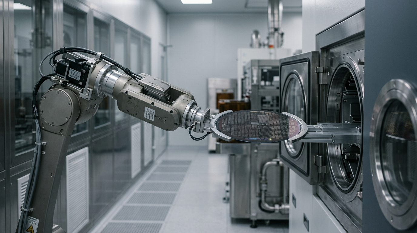 AI-generated editorial image: Precision silicon wafer handling in semiconductor manufacturing
