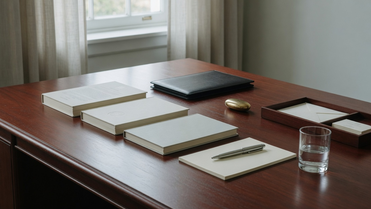 AI-generated editorial image: An organized modern institutional conference desk with underwriting prospectuses and fountain pens under soft morning light.