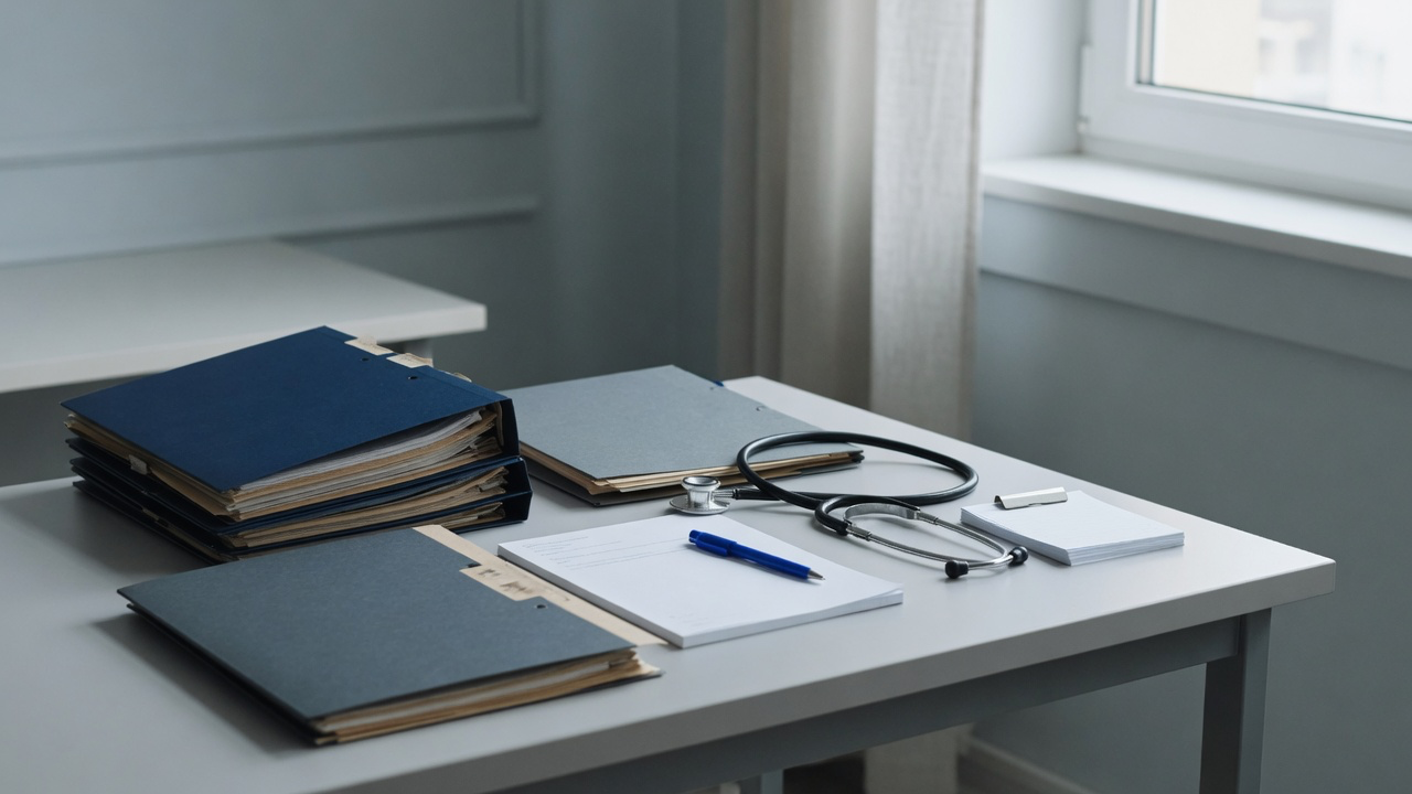 AI-generated editorial image: A modern medical center office desk with clinical files and digital diagnostic displays in soft natural light