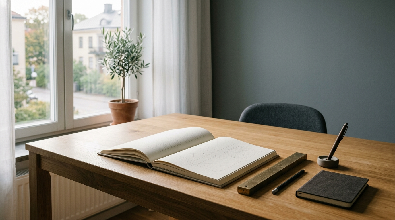 AI-generated editorial image: Minimalist modern financial workspace with architectural scale and index portfolio documentation