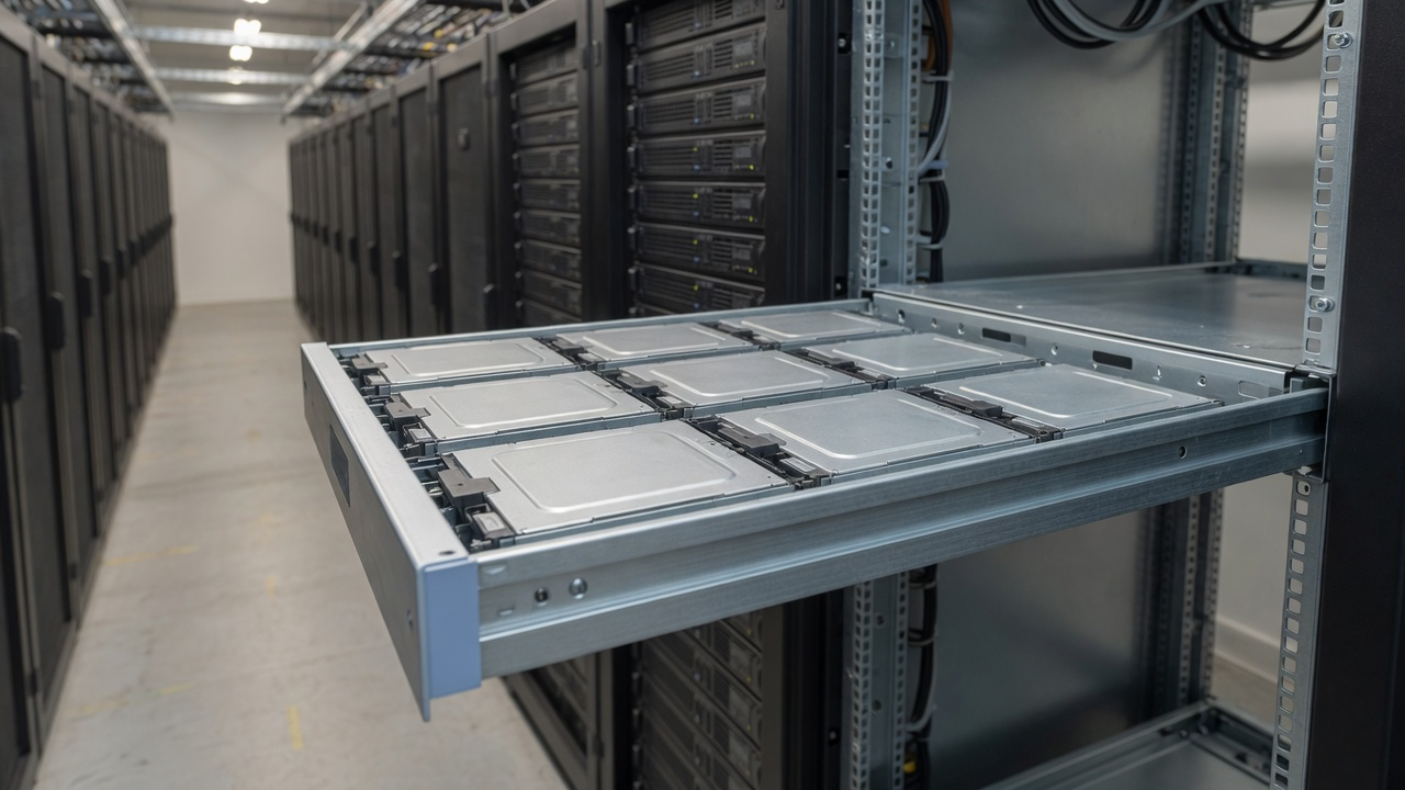 AI-generated editorial image: Enterprise server rack tray with aluminum drive sleds in a modern data center aisle.