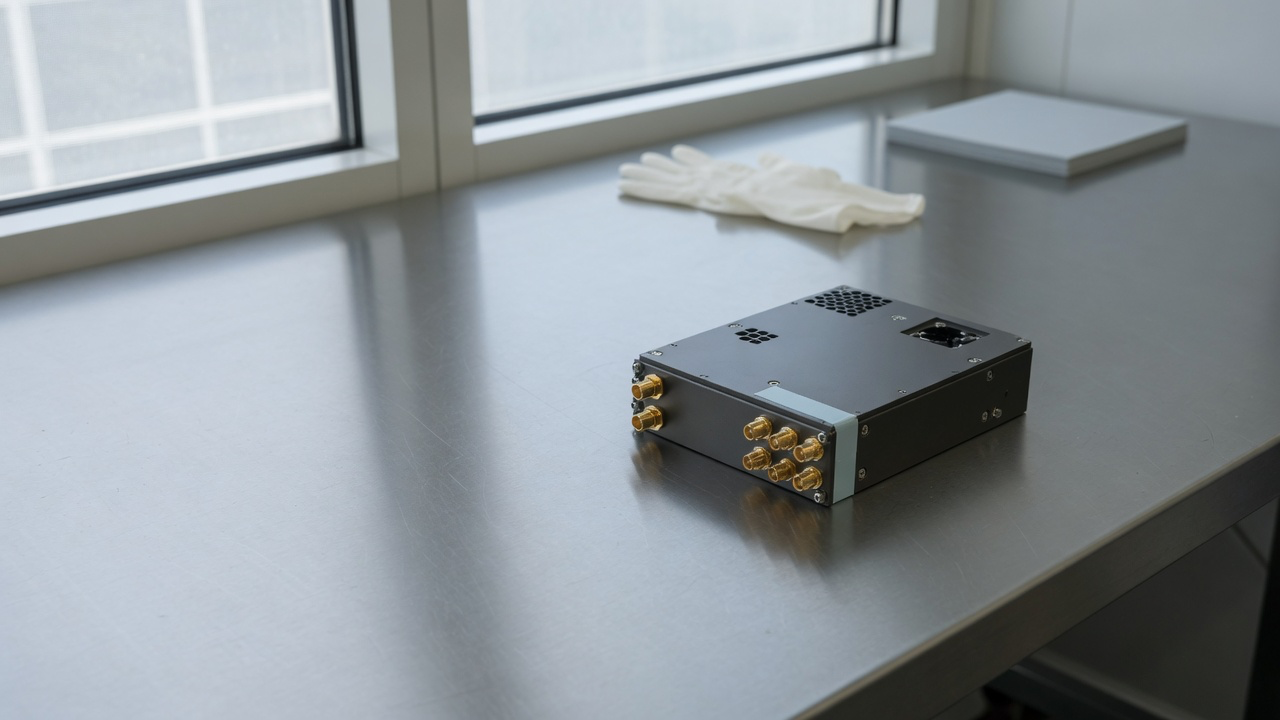 AI-generated editorial image: Small satellite payload component on a cleanroom assembly table with natural lighting