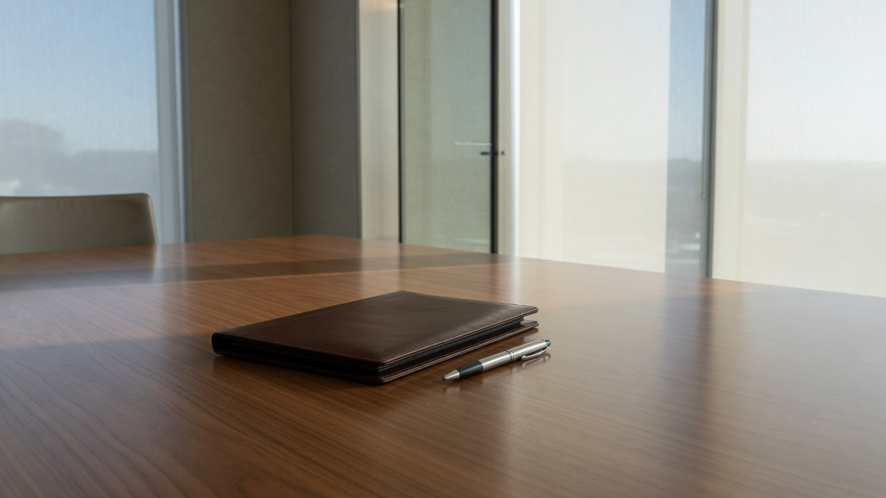 AI-generated editorial image: Minimalist modern corporate boardroom table with a portfolio folder under soft daylight